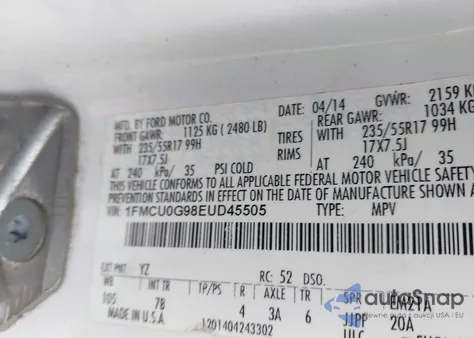 2014 Ford Escape Se из США, поврежденный, VIN 1FMCU0G98EUD45505